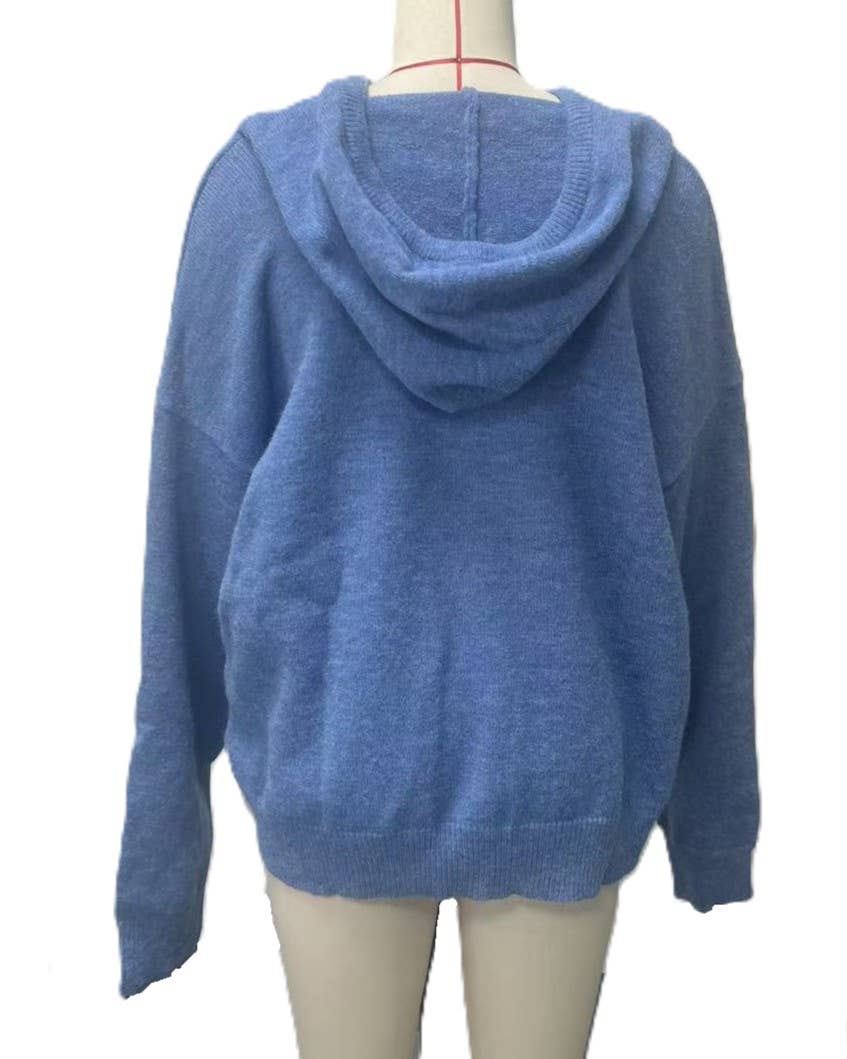 Cozy Solid Drawstring Hooded Knit Sweater: Navy-Blue / L