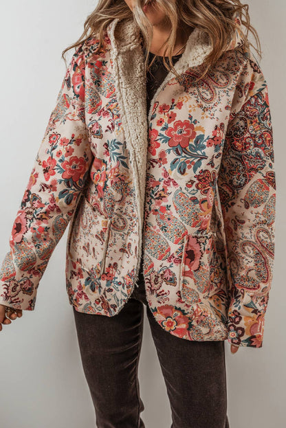 LDC Vintage Paisley Floral Sherpa Lined Hooded Jacket: Beige