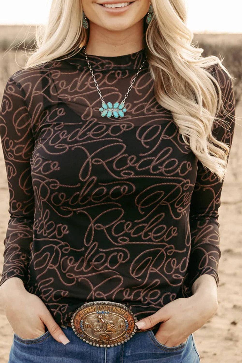Black Western Rodeo Printed Mock Neck Long Sleeve Mesh Top: Black / 95%Polyester+5%Elastane