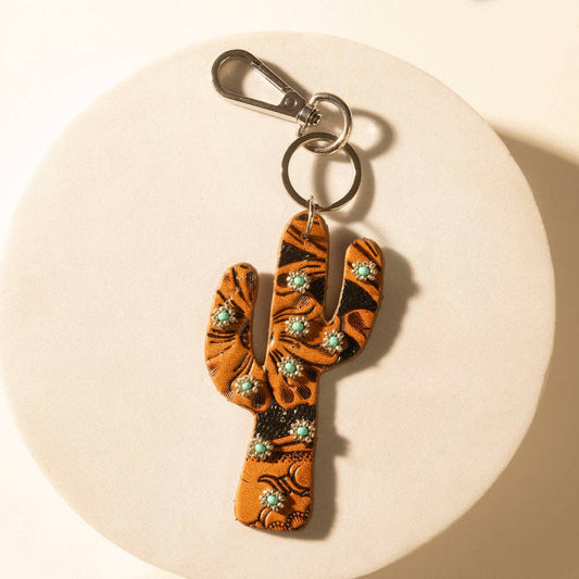 Cactus Prairie Handtooled Leather Key Fob in Canyon Teal: Canyon Teal