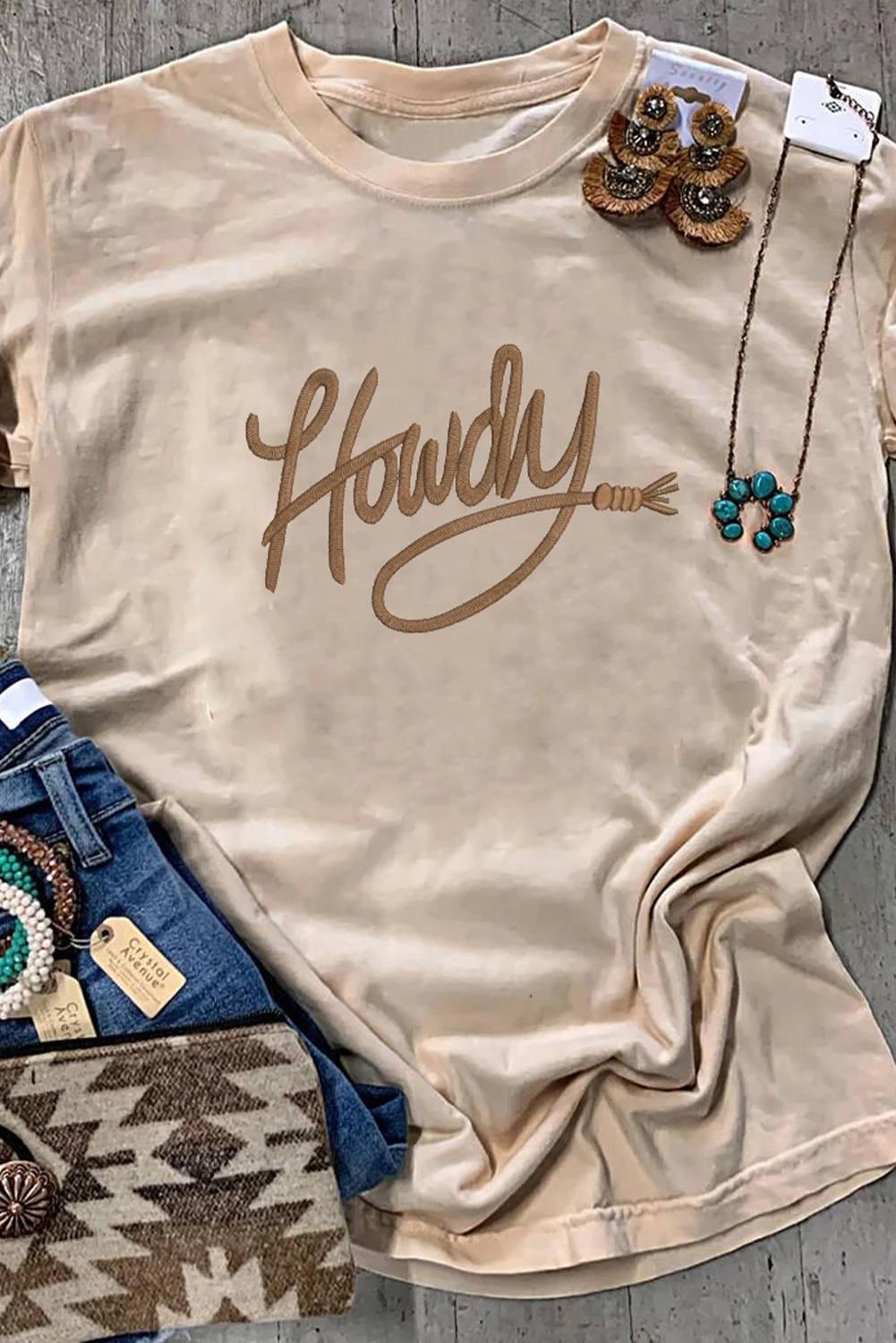 Khaki Howdy Embroidered Graphic Western Tee: Khaki / 62%Polyester+32%Cotton+6%Elastane