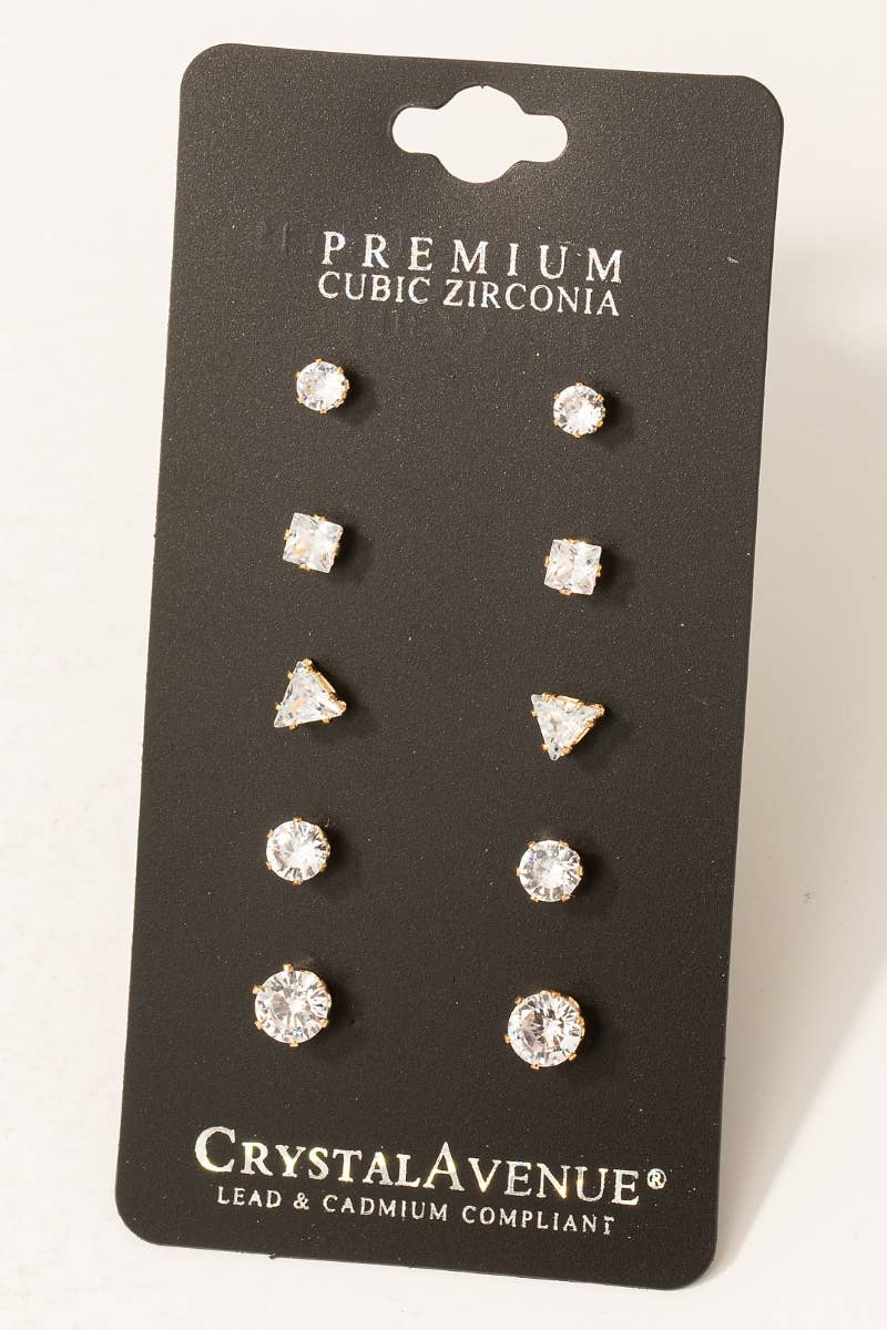 5 Pair Cz Stud Earrings Set: S