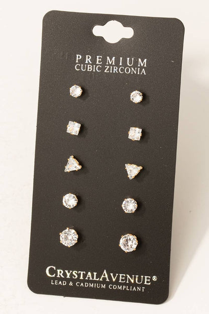 5 Pair Cz Stud Earrings Set: S