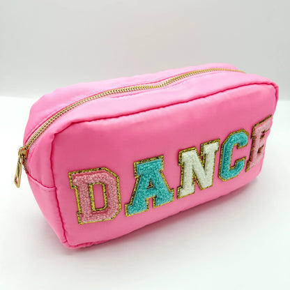 Cosmetic or Toiletry Bag with Varsity Letter Patches: Light Pink with DANCE