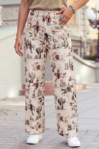 Western Print Straight Leg Ankle Length Pocket Jeans