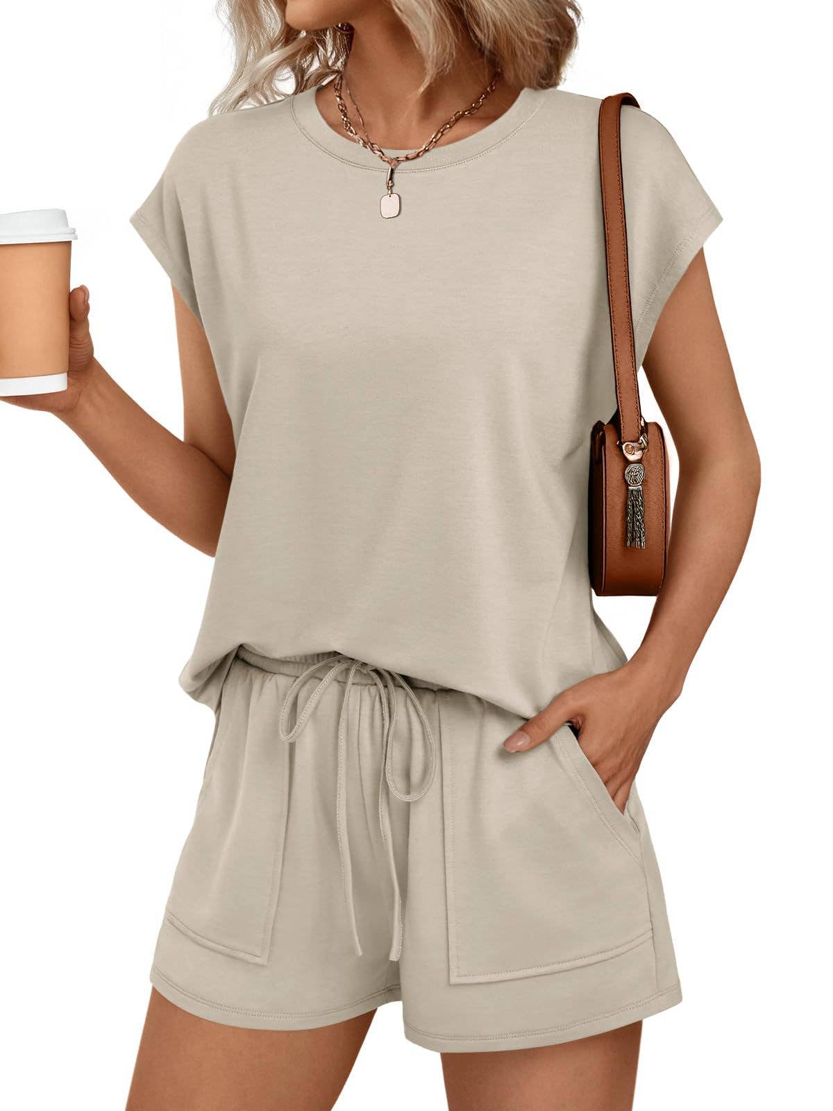 Casual Lounge Set Cap Sleeve Top Drawstring Shorts: Khaki / 65%Polyester+30%Viscose+5%Elastane / L