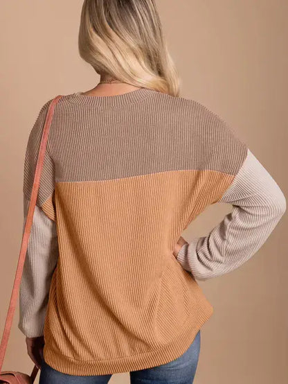 Khaki Block Long Sleeve Ribbed Loose Casual Top: Khaki / 75%Polyester+20%Viscose+5%Elastane