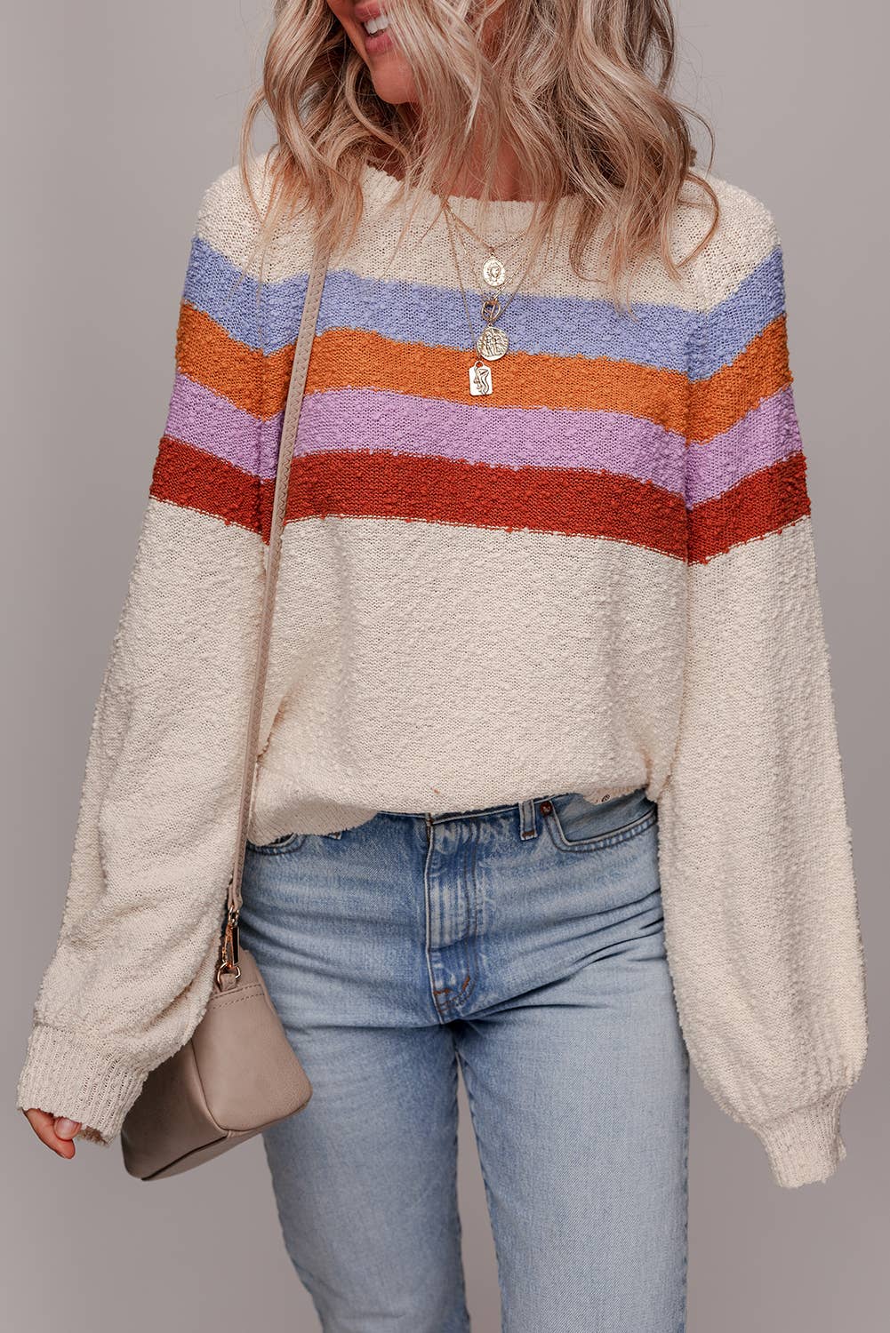 LDC Striped Color Block Drop Shoulder Loose Sweater: Jet Stream
