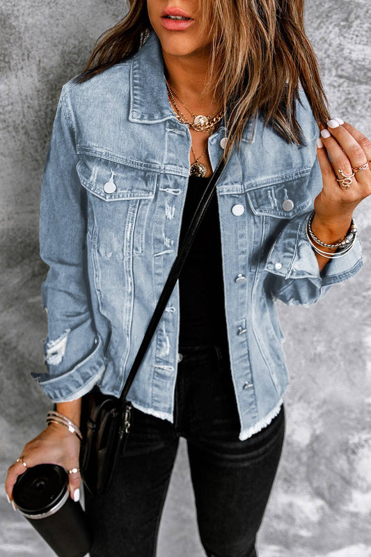 LDC Lapel Distressed Raw Hem Buttons Denim Jacket: Sky Blue