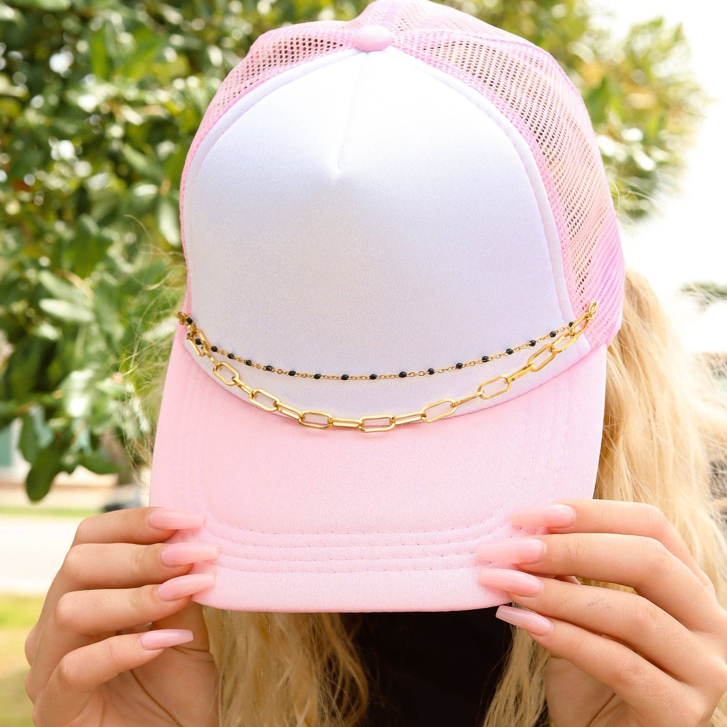 Trucker Hat Chain: Paperclip and Satellite Layered Chain Set: White