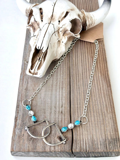 Western Horse Bit Turquoise Stone Pendant Necklace: Gold