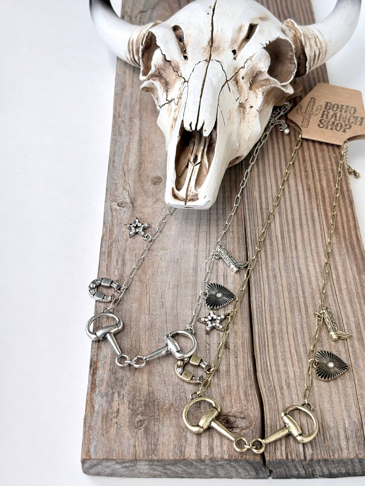 Western Charm & Horse Bit Pendant Necklace: Gold