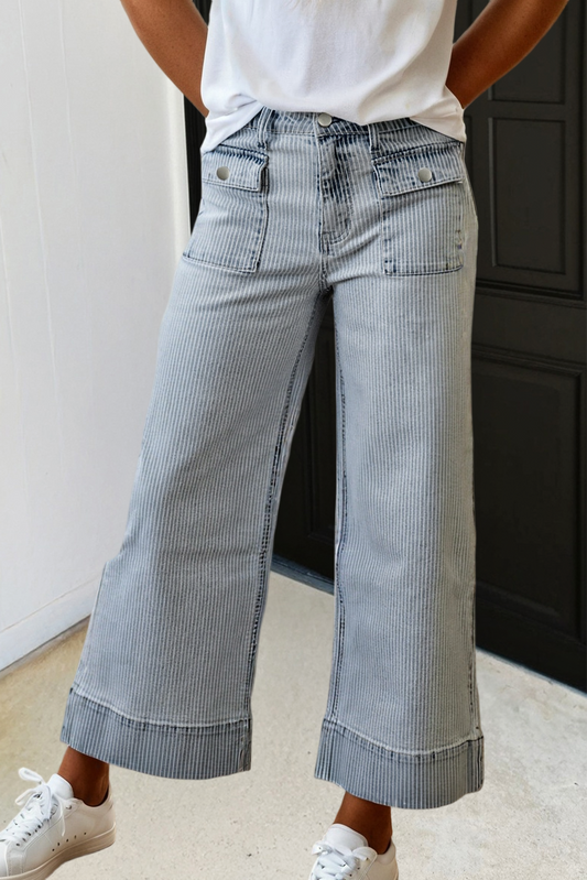 LAS Stripe Button Pocket Cuffed Hem Wide Leg Jeans (4-16): Blue / Missy