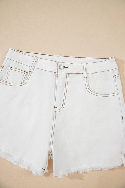 White Raw Hem High Waist Denim Shorts: White / 98%Cotton+2%Elastane