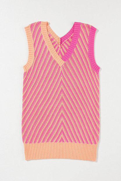 Strawberry Pink Contrast Chevron Knit V Neck Sweater Vest: Strawberry Pink / 100%Viscose