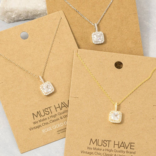 Gold Dipped Square Rhinestone Pendant Necklace: G
