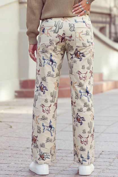 Western Print Straight Leg Ankle Length Pocket Jeans
