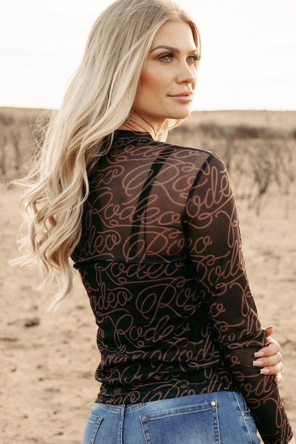 Black Western Rodeo Printed Mock Neck Long Sleeve Mesh Top: Black / 95%Polyester+5%Elastane