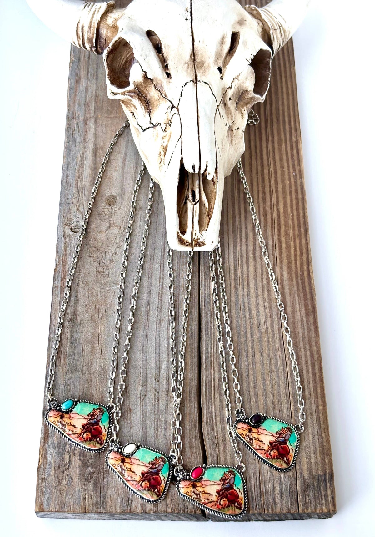 Western Rodeo Scenery with Stone Pendant Necklace: White