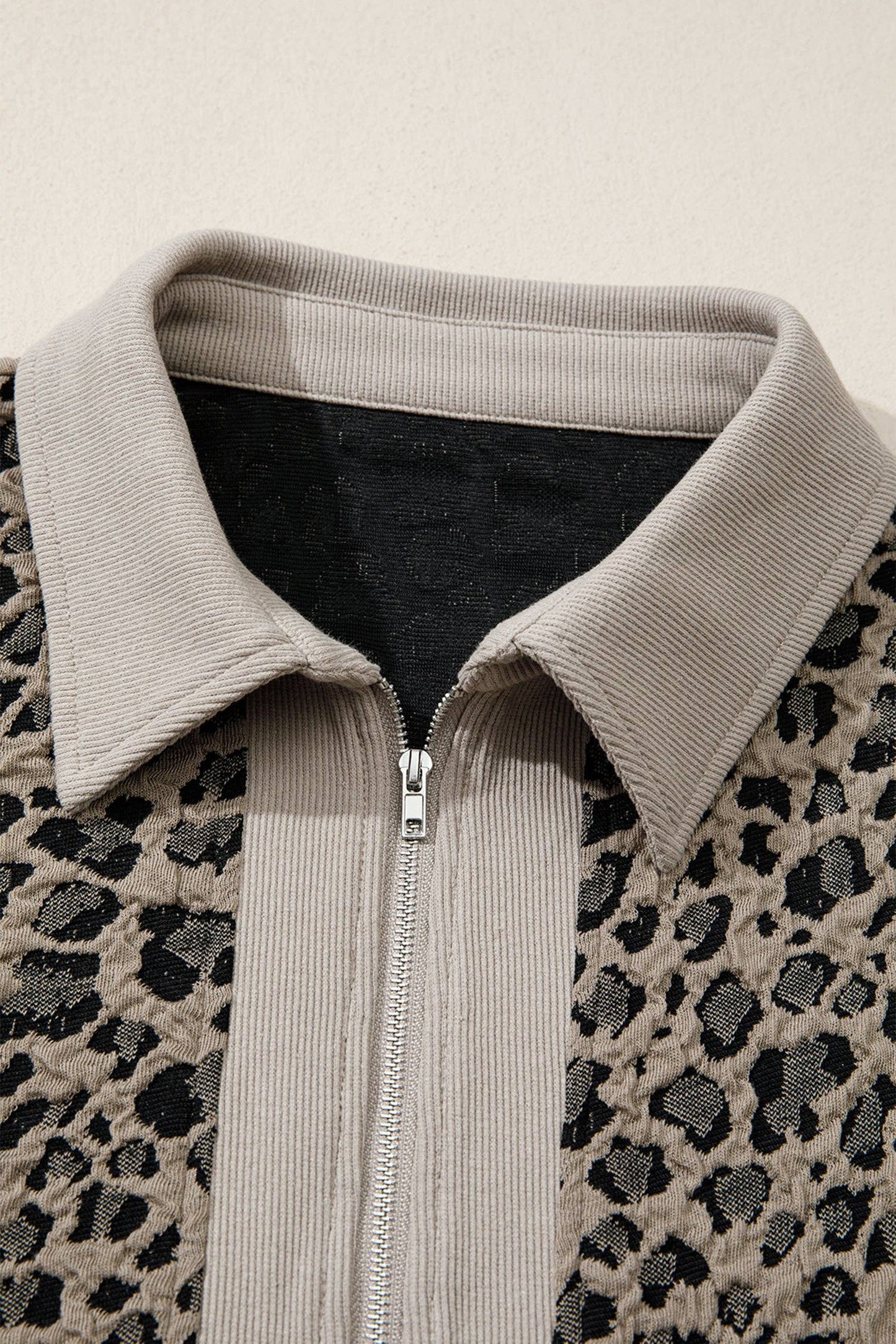 Leopard Textured Zip Polo Top Cap Sleeve Casual Knit: Beige / 85%Polyester+10%Cotton+5%Elastane /