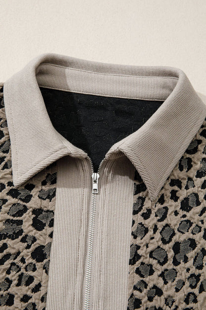 Leopard Textured Zip Polo Top Cap Sleeve Casual Knit: Beige / 85%Polyester+10%Cotton+5%Elastane /