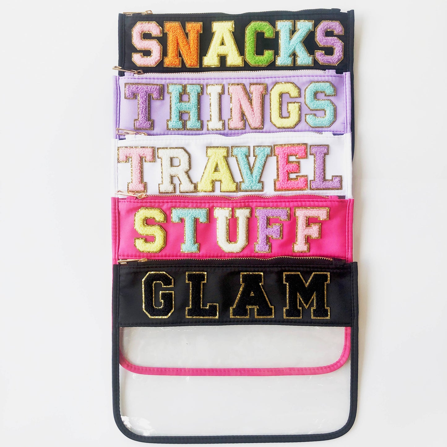 Varsity Letter Patch Clear Zippered Pouch Bag: White with TRAVEL