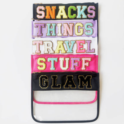 Varsity Letter Patch Clear Zippered Pouch Bag: White with TRAVEL