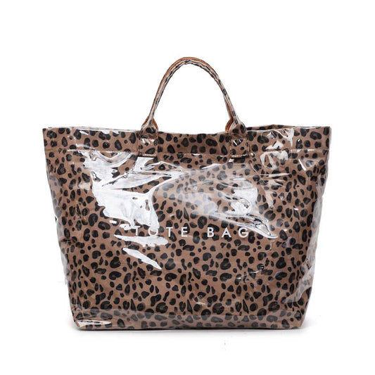 PVC Dot Tote Bag Checkered Striped Waterproof Beach Bag: LBrown / M