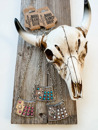 Western Wild Card Pendant Necklace - Rhinestones: CLEAR