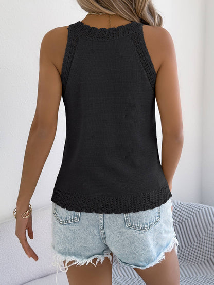 Sleeveless Open Knit Halter Neck Top: Black / L