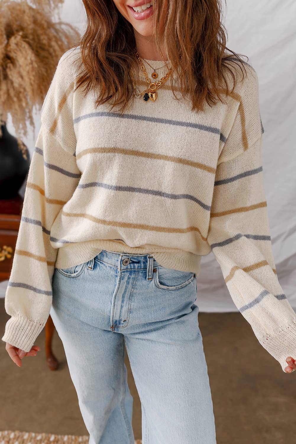 LDC Striped Ribbed Edge Drop Shoulder Sweater: Multi-Colored