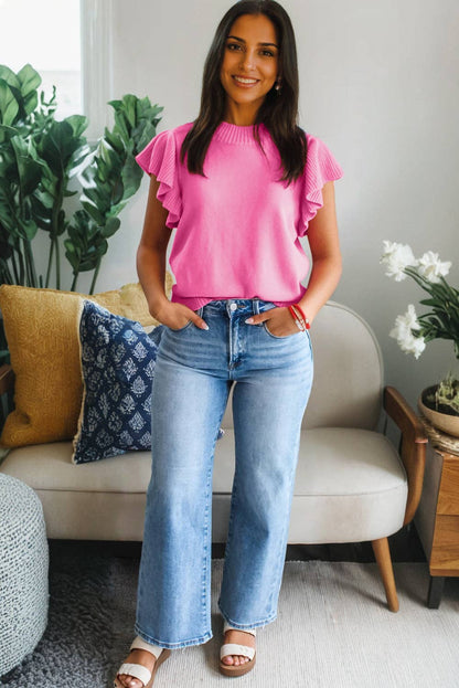 Sachet Pink Solid Color Ribbed Trim Round Neck Ruffle Short Sleeve Sweater: Sachet Pink / 52%Viscose+26%Polyester+22%Polyamide