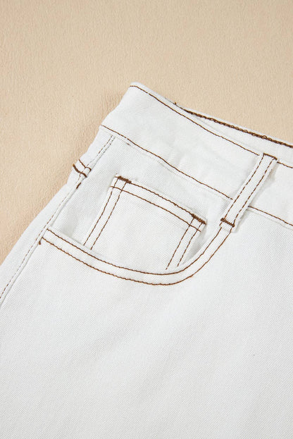 White Raw Hem High Waist Denim Shorts: White / 98%Cotton+2%Elastane