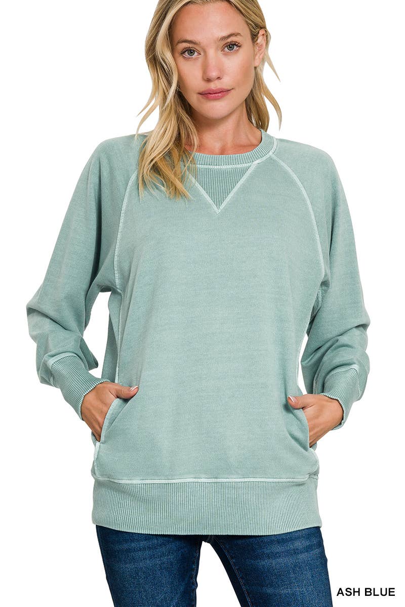 Pigment Dyed French Terry Pullover With Pockets: ASH BLUE