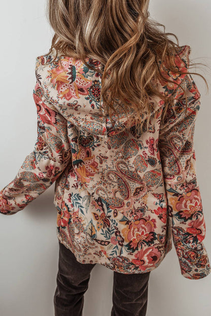 LDC Vintage Paisley Floral Sherpa Lined Hooded Jacket: Beige