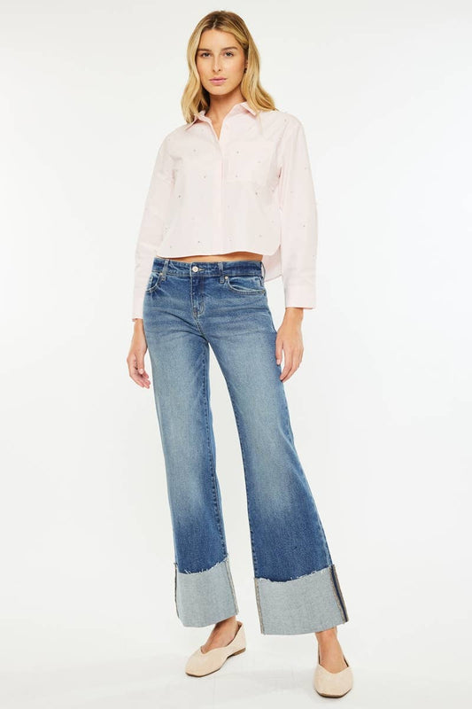 OPEN PACK MID RISE WIDE FLARE JEANS-KC78033D: DARK
