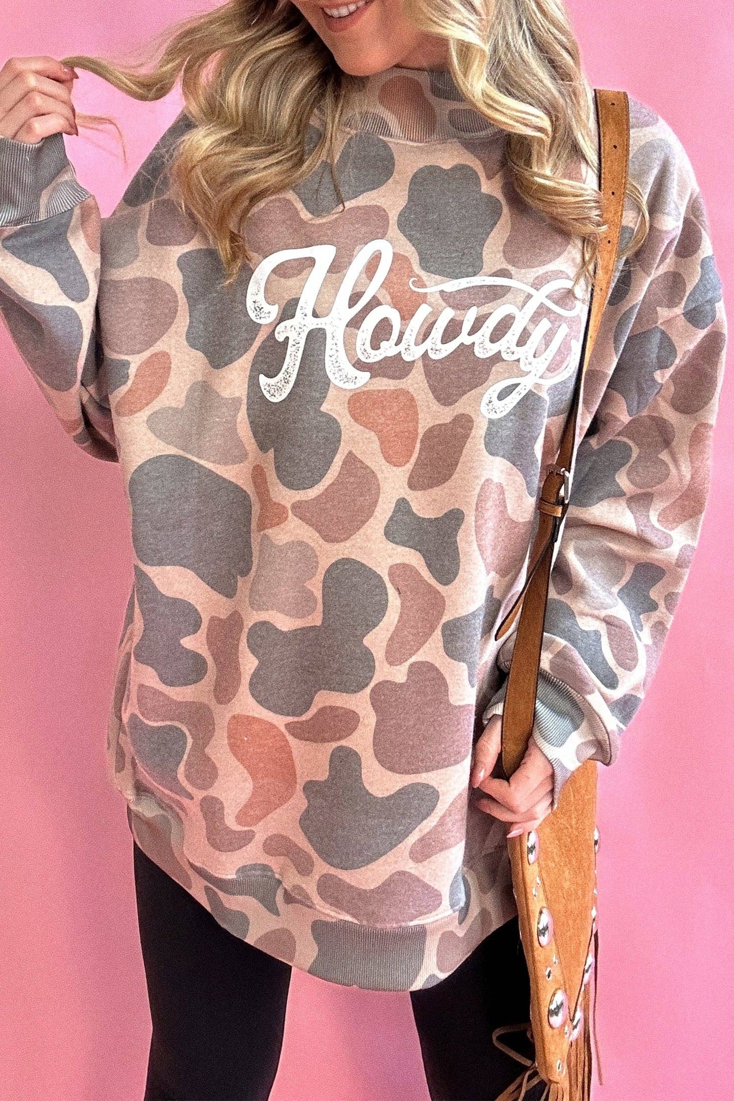 Multicolour Camo Print Howdy Western Style Baggy Pullover Sweatshirt: Multicolour / 100%Polyester