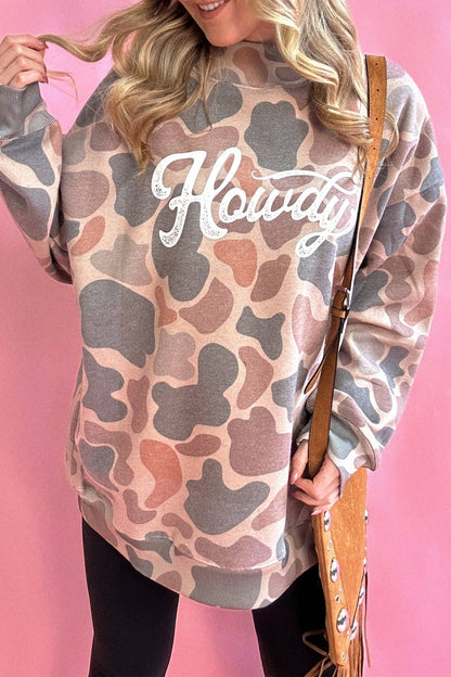 Multicolour Camo Print Howdy Western Style Baggy Pullover Sweatshirt: Multicolour / 100%Polyester