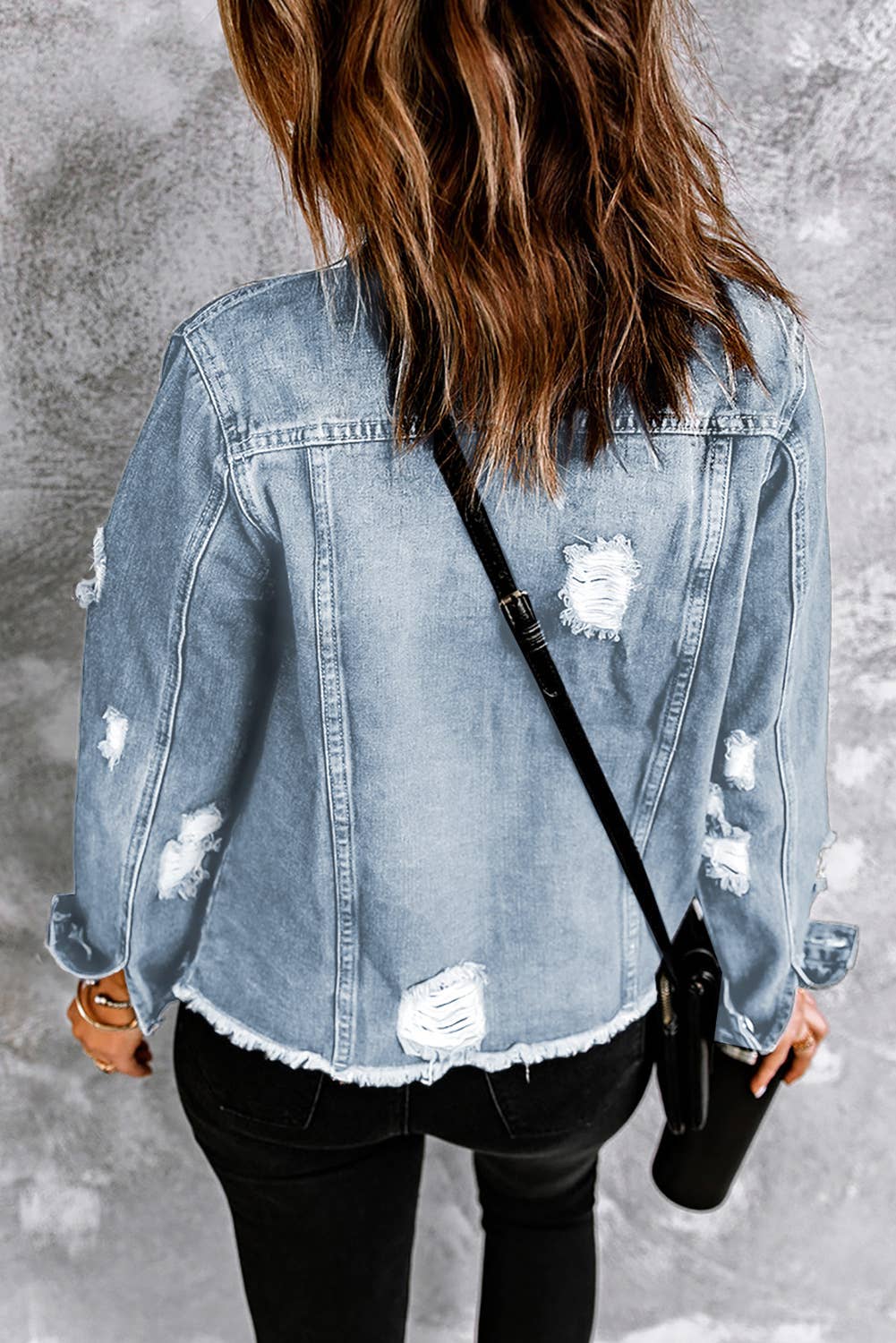 LDC Lapel Distressed Raw Hem Buttons Denim Jacket: Sky Blue