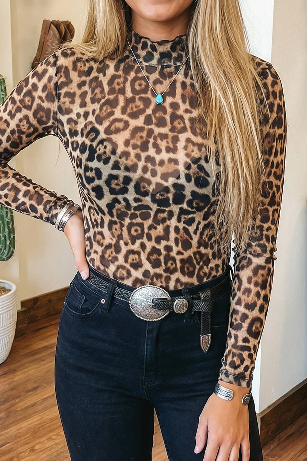 LDC Leopard Slim Fit Floral Mesh Long Sleeve Mock Neck Top: Camel