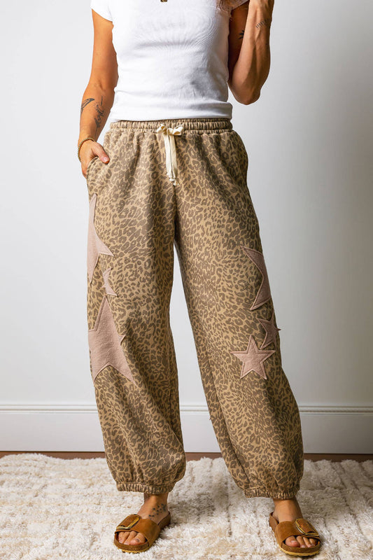 Leopard Star Patched Drawstring Elastic Jogger Pants| S-4X: Khaki / L