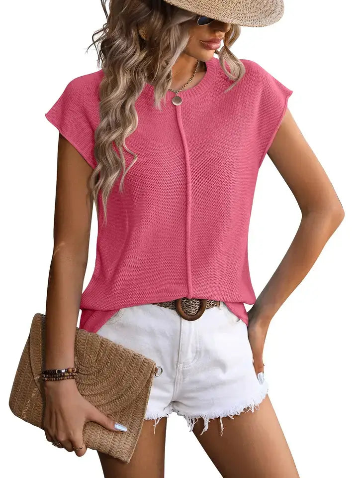 Textured Knit Crewneck Cap Sleeve Casual Sweater Top: Hot Pink / Acrylic 70% + 30% Nylon