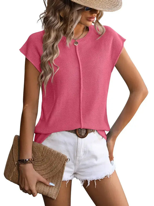 Textured Knit Crewneck Cap Sleeve Casual Sweater Top: Hot Pink / Acrylic 70% + 30% Nylon