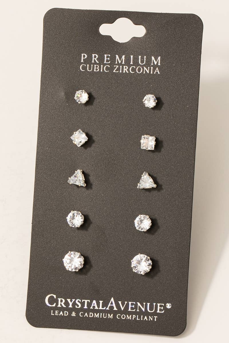 5 Pair Cz Stud Earrings Set: S