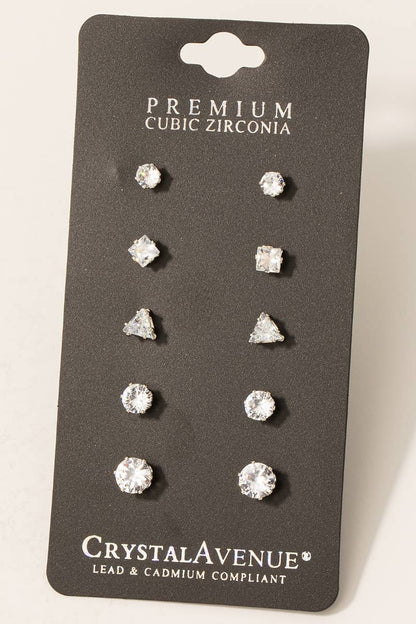 5 Pair Cz Stud Earrings Set: S
