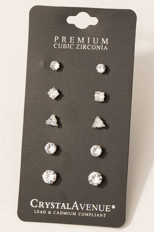 5 Pair Cz Stud Earrings Set: S