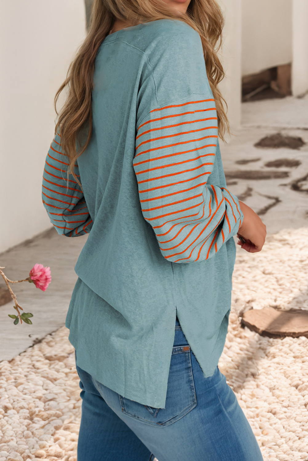 LDC Colorblock Striped Bishop Sleeve Top: Green