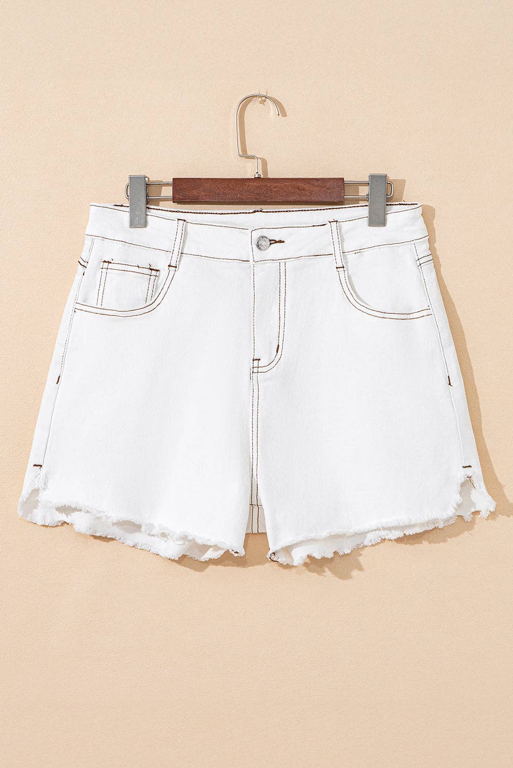 White Raw Hem High Waist Denim Shorts: White / 98%Cotton+2%Elastane