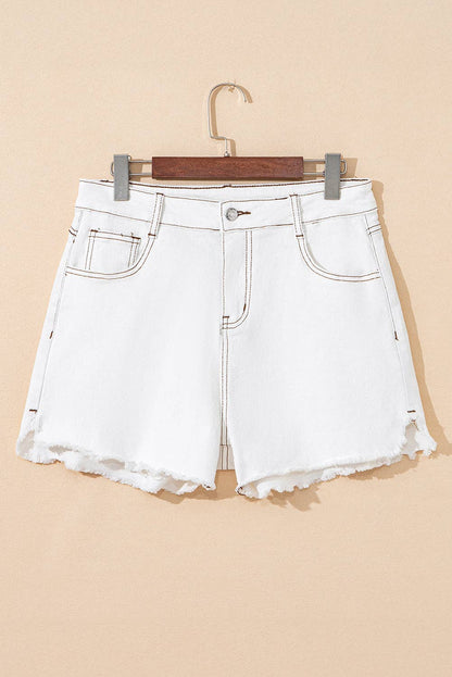White Raw Hem High Waist Denim Shorts: White / 98%Cotton+2%Elastane