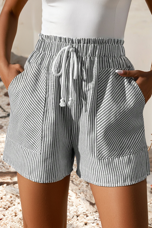 LDC Striped Lace-up Elastic Waist Casual Pocketed Shorts: Gray Stripe
